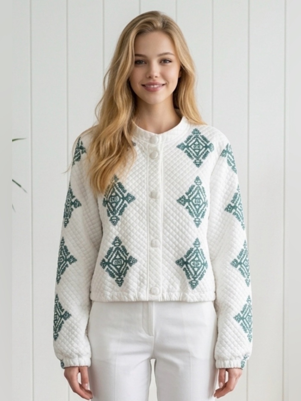 Quilted White Button-Front Jacket with Teal Diamond Motif